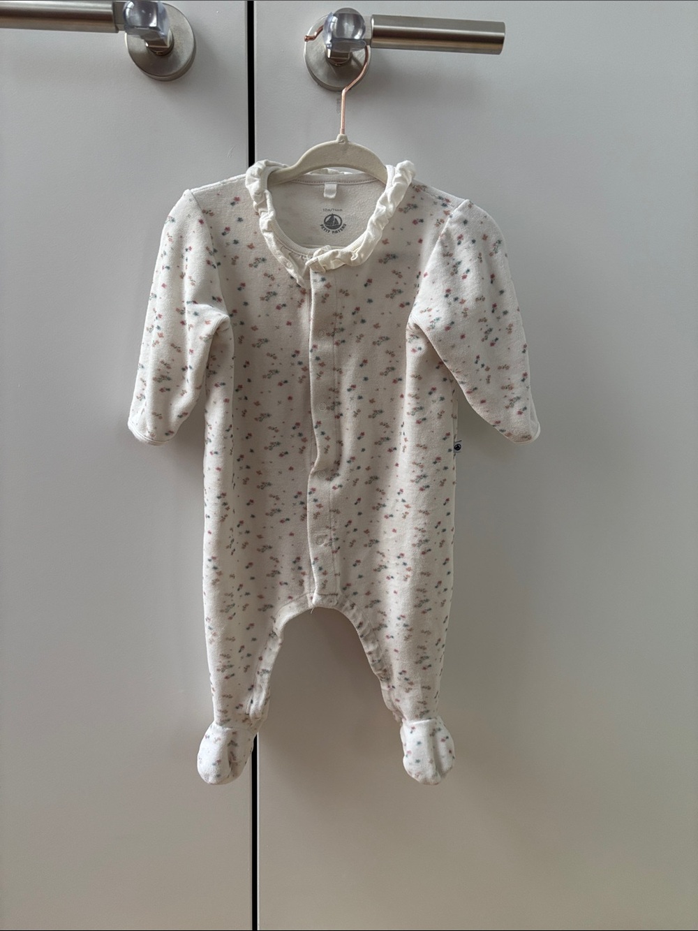 Petit Bateau Cream Floral Ruffle Neck Footed One-Piece